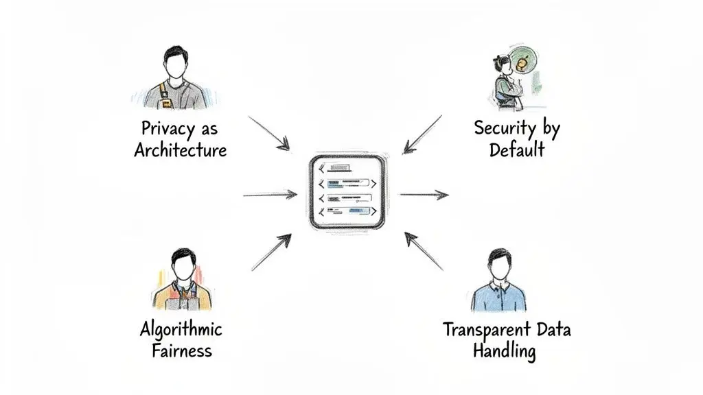 Diagram illustrating four key principles for responsible data handling: privacy, security, fairness, and transparency.