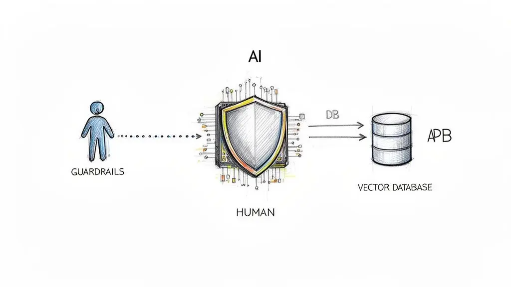 Diagramma che mostra un umano con barriere di protezione che interagisce con l'AI, la quale poi si interfaccia con un database vettoriale.