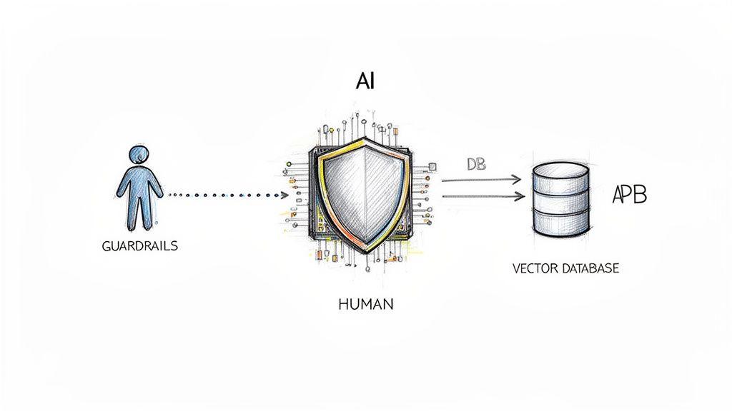 Diagramma che mostra un umano con binari di sicurezza che interagisce con l'IA, la quale poi si interfaccia con un database vettoriale.