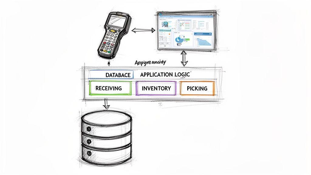 Diagramma architetturale WMS che mostra dispositivo portatile, desktop, logica applicativa (ricevimento, inventario, prelievo) e database.