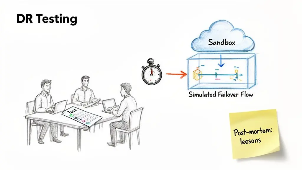Il team esegue test di DR, simulando il failover in un sandbox, quindi rivedendo le lezioni apprese.