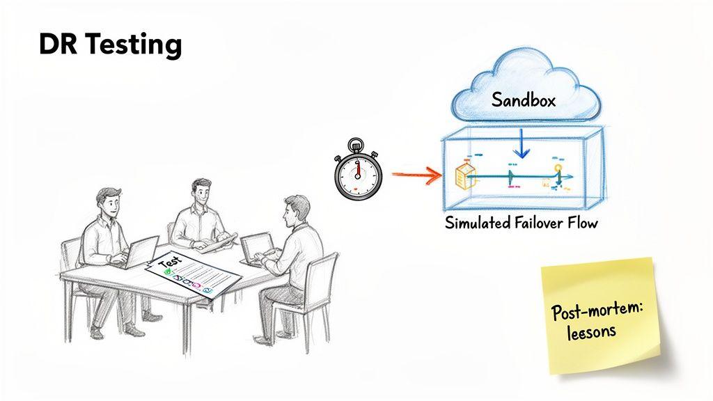 Team performs DR testing, simulating failover in a sandbox, then reviewing lessons learned.