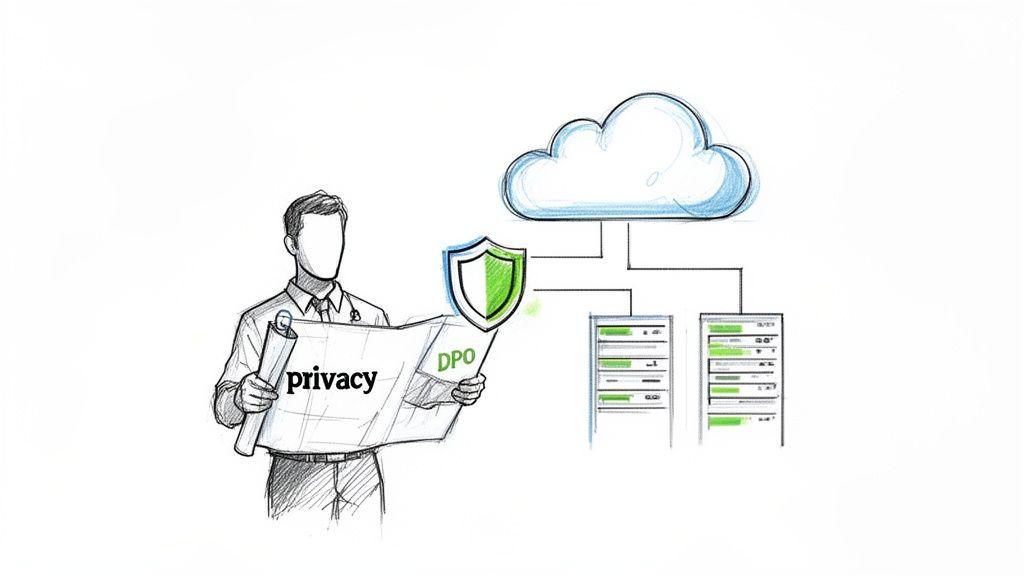 Uno schizzo di una persona che tiene un documento "privacy DPO", con uno scudo che protegge il cloud e i server.