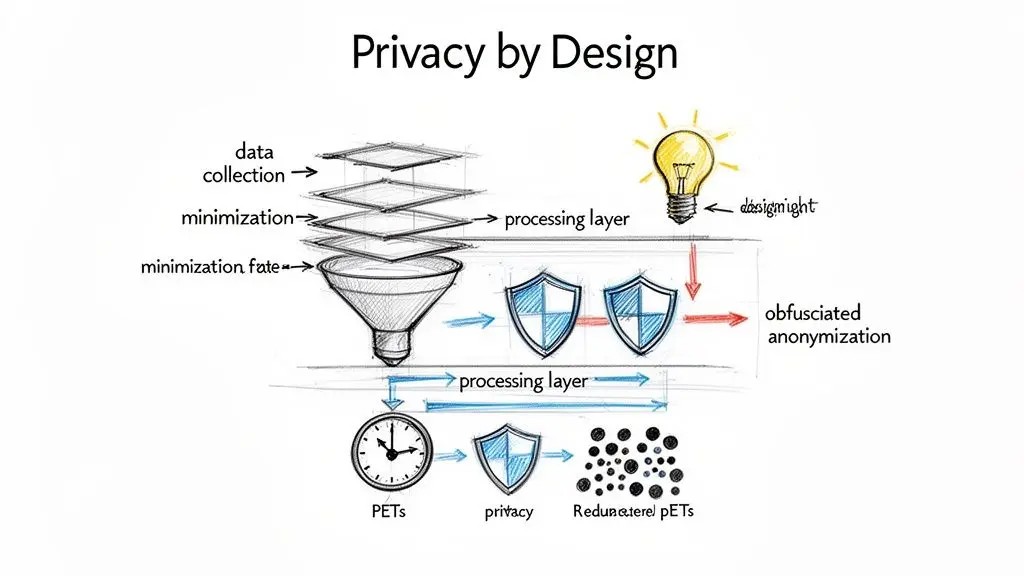 A sketch illustrating the 'Privacy by Design' framework with data minimization, processing, and anonymization.