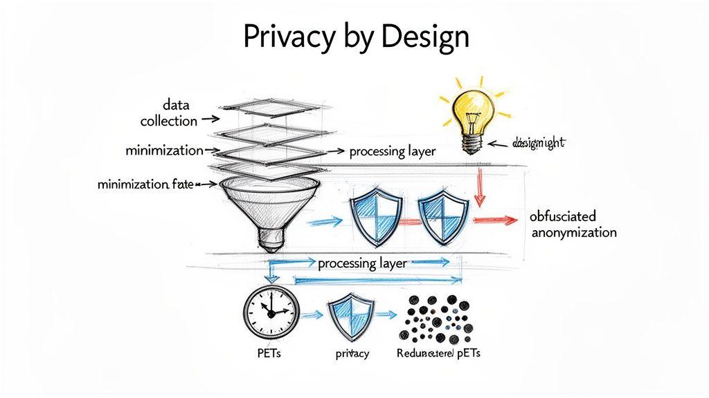Uno schizzo che illustra il framework della "Privacy by Design" con minimizzazione dei dati, trattamento e anonimizzazione.