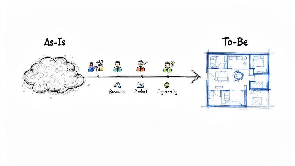 An 'As-Is' cloud transforms through Business, Product, Engineering into a structured 'To-Be' blueprint.
