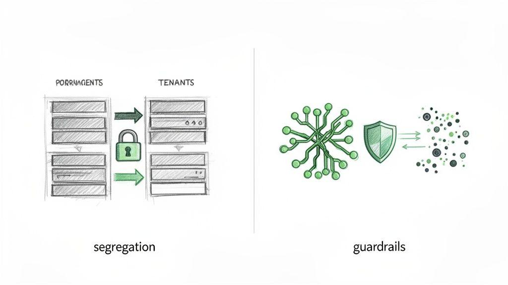 Hand-drawn diagram illustrating data segregation with a padlock and guardrails with a shield protecting data.