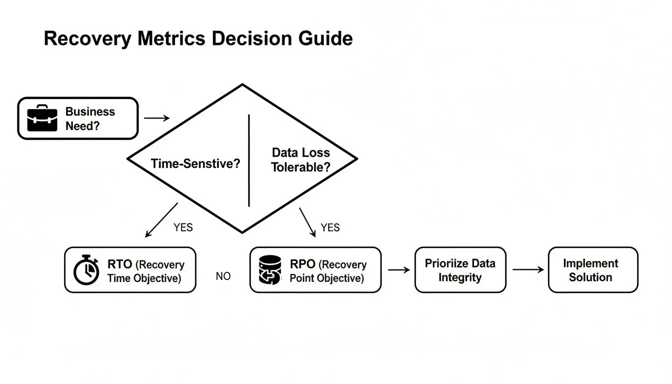 Un diagramma di flusso che illustra una guida decisionale sulle metriche di recovery mostrando i percorsi per RTO e RPO.