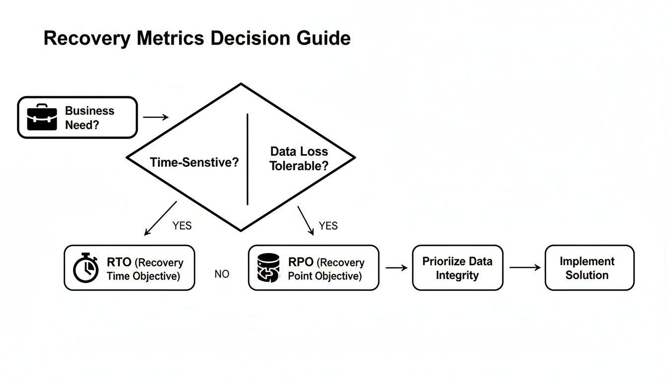 A flowchart illustrating a recovery metrics decision guide showing paths for RTO and RPO.