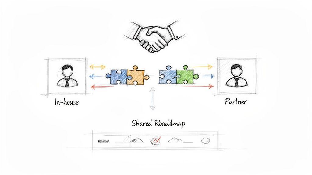 Illustration depicting in-house and a partner collaborating with puzzle pieces, united by a shared roadmap.