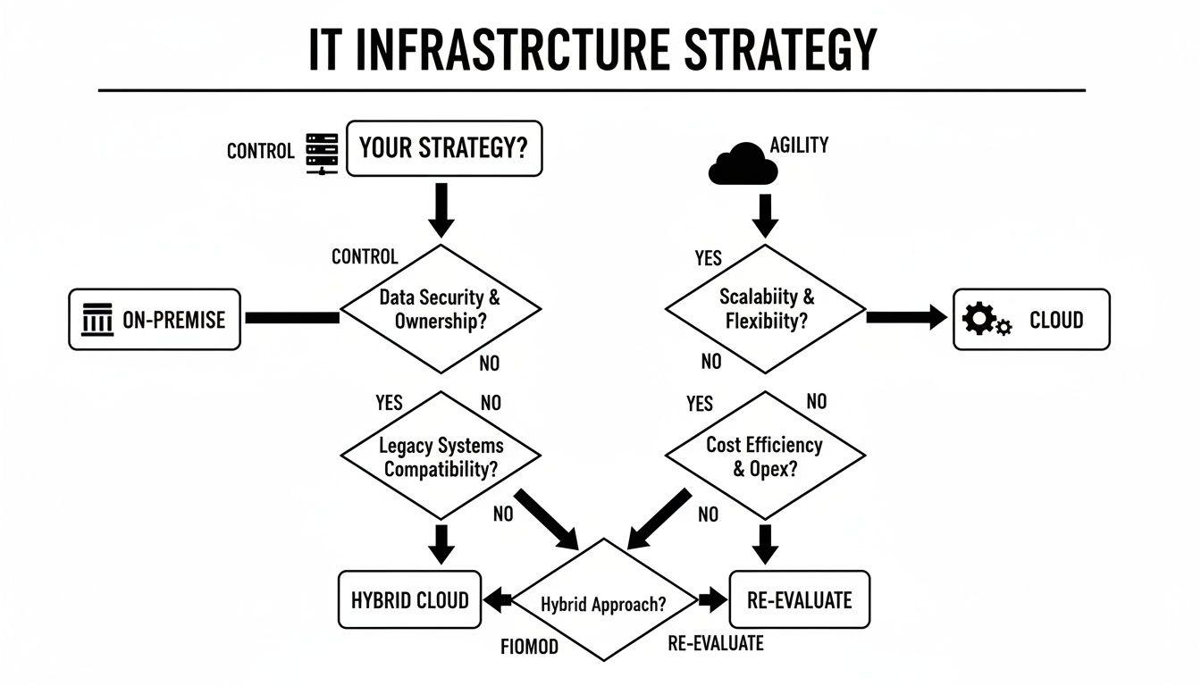 Flowchart illustrating an IT infrastructure strategy decision process, comparing on-premise, hybrid cloud, and cloud solutions.