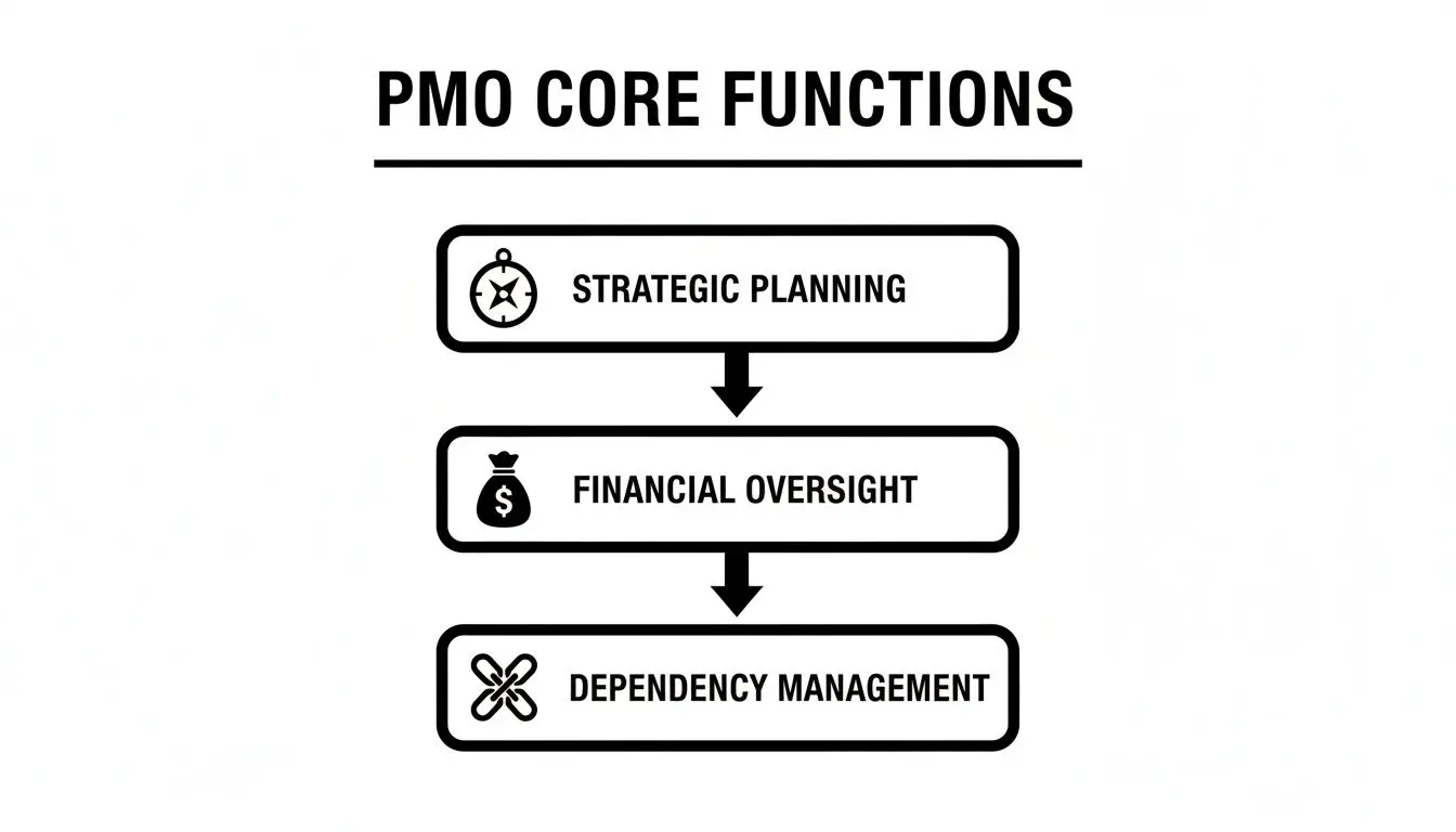A flowchart showing PMO core functions: strategic planning, financial oversight, and dependency management with icons.