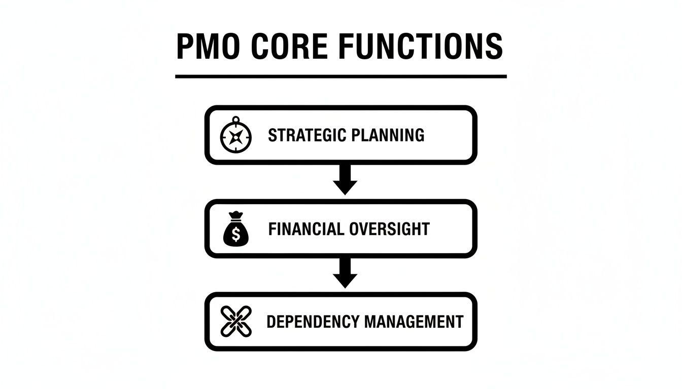 A flowchart showing PMO core functions: strategic planning, financial oversight, and dependency management with icons.