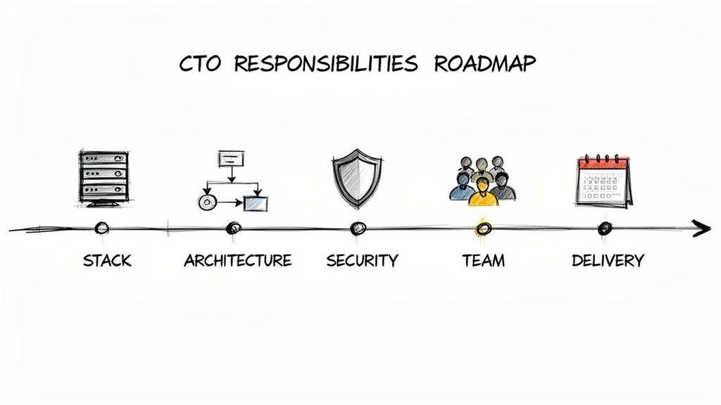 Roadmap illustrating Chief Technology Officer (CTO) responsibilities: stack, architecture, security, team, and delivery.