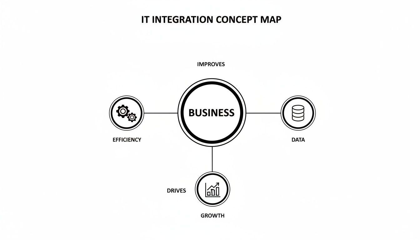 Una mappa concettuale di integrazione IT che mostra l’azienda al centro, il miglioramento dell’efficienza e dei dati e la spinta alla crescita.