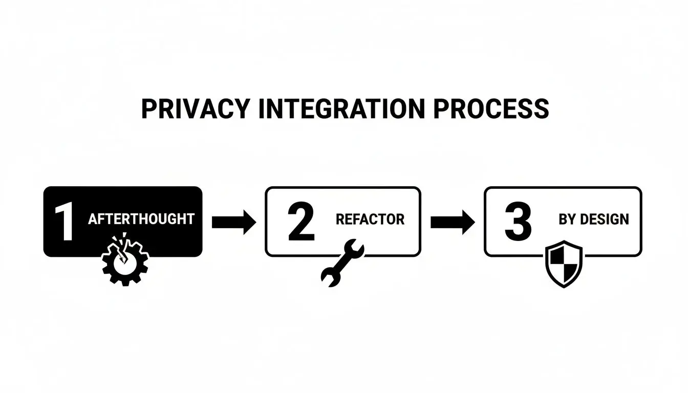 Un diagramma che mostra l’evoluzione del processo di integrazione della privacy: ripensamento tardivo (ingranaggio rotto), refactoring (chiave inglese) e by design (scudo).