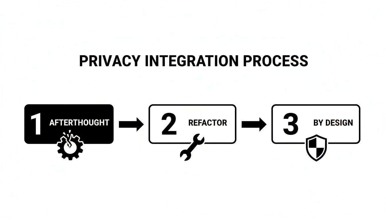 Un diagramma che mostra l’evoluzione del processo di integrazione della privacy: ripensamento tardivo (ingranaggio rotto), refactoring (chiave inglese) e by design (scudo).