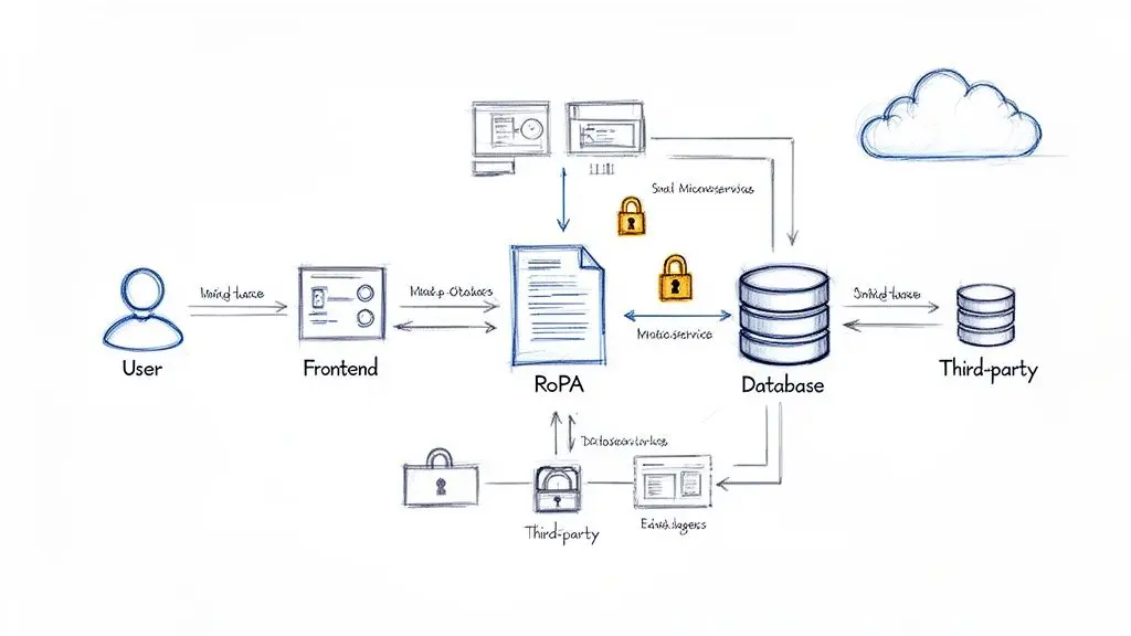 Uno schema di architettura di sistema che illustra il trattamento dei dati coinvolgendo RoPA, utenti, frontend, database e componenti di terze parti.