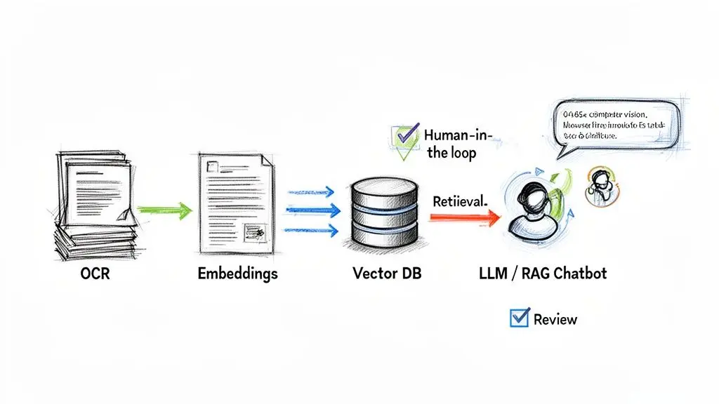 Diagram showing a document processing workflow from OCR to LLM/RAG chatbot with human review.