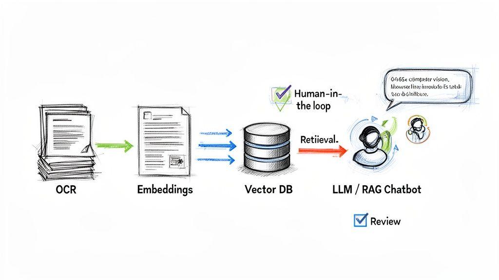 Diagram showing a document processing workflow from OCR to LLM/RAG chatbot with human review.
