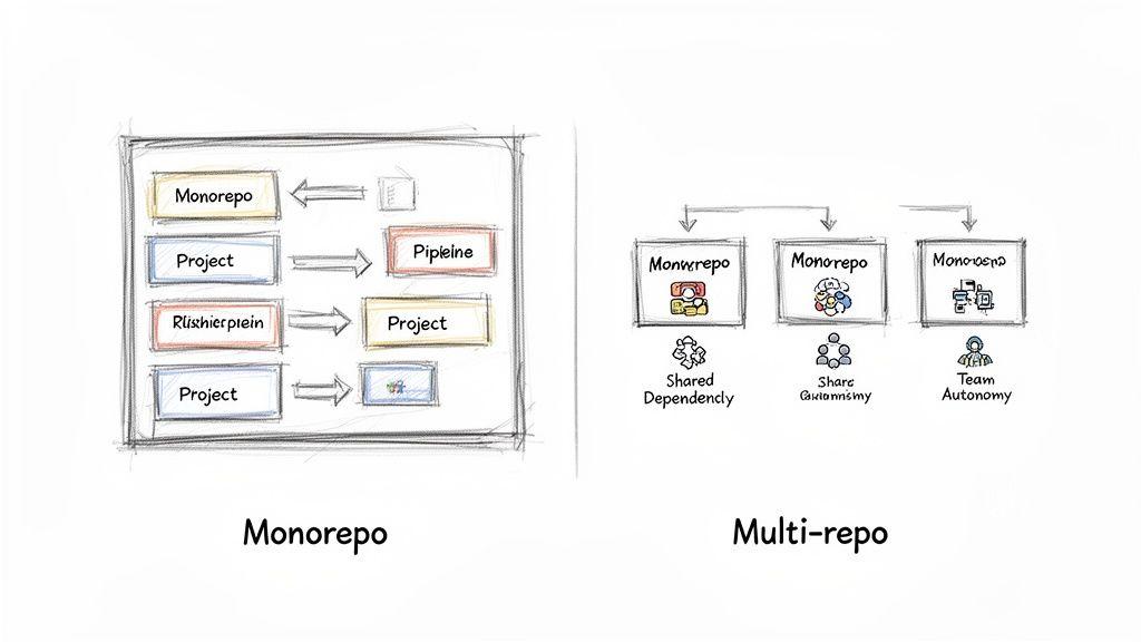 A diagram comparing Monorepo and Multi-repo architectures, showing project workflows, pipelines, shared dependencies, and team autonomy.