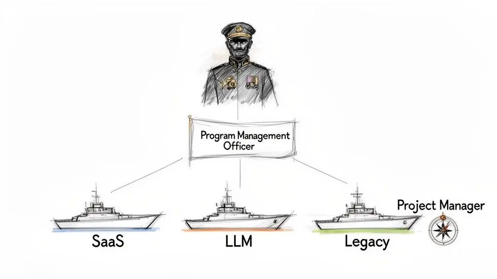 Un'illustrazione di un Program Management Officer che supervisiona progetti SaaS, LLM e legacy rappresentati da navi.