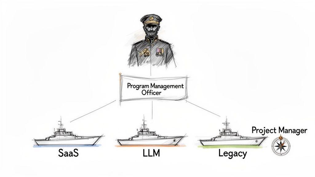 An illustration of a Program Management Officer overseeing SaaS, LLM, and Legacy projects represented by ships.