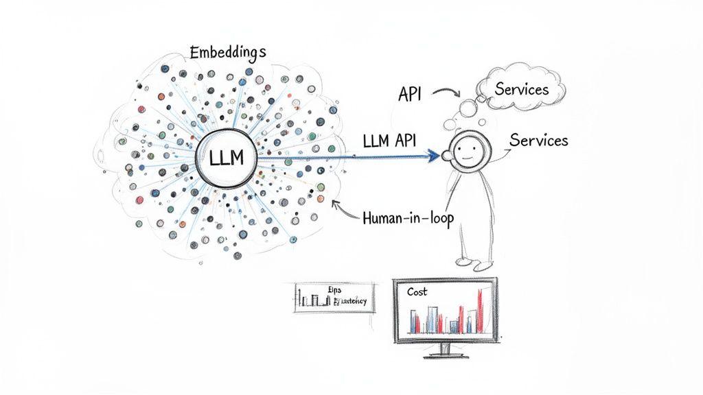 Conceptual diagram of an LLM system showing embeddings, human-in-loop, API, services, and performance metrics.