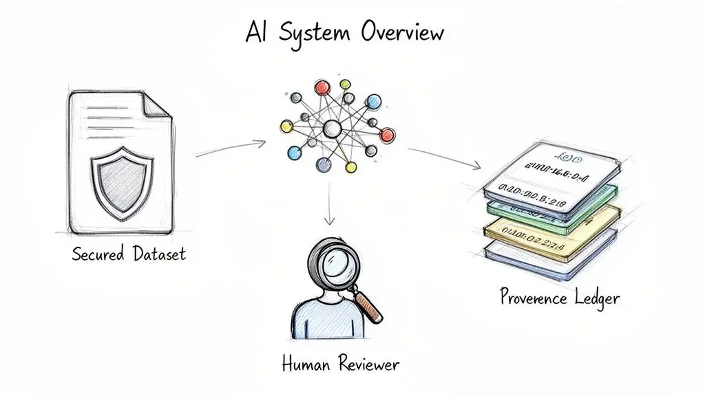 Diagramma che illustra una panoramica di un sistema AI con un dataset protetto, un modello AI, un registro di provenienza e un revisore umano.