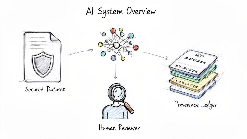 Diagram illustrating an AI system overview with a secured dataset, AI model, provenance ledger, and human reviewer.