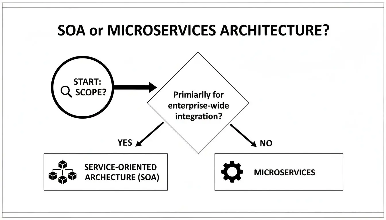 Diagramma decisionale che guida la selezione tra architettura SOA e Microservices in base all’ambito dell’integrazione.