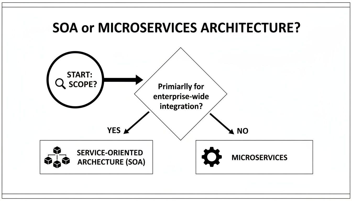 Decision flowchart guiding the selection between SOA and Microservices architecture based on integration scope.