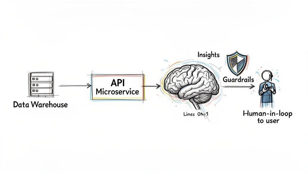 Diagramma che mostra i dati che fluiscono da un data warehouse attraverso un microservizio API verso l'IA per insight, meccanismi di protezione e interazione human-in-the-loop.