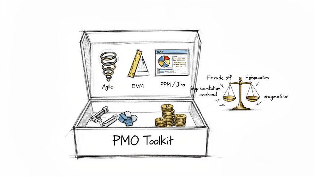 An illustration of a PMO Toolkit showing Agile, EVM, PPM/Jira tools, balancing overhead and pragmatism.