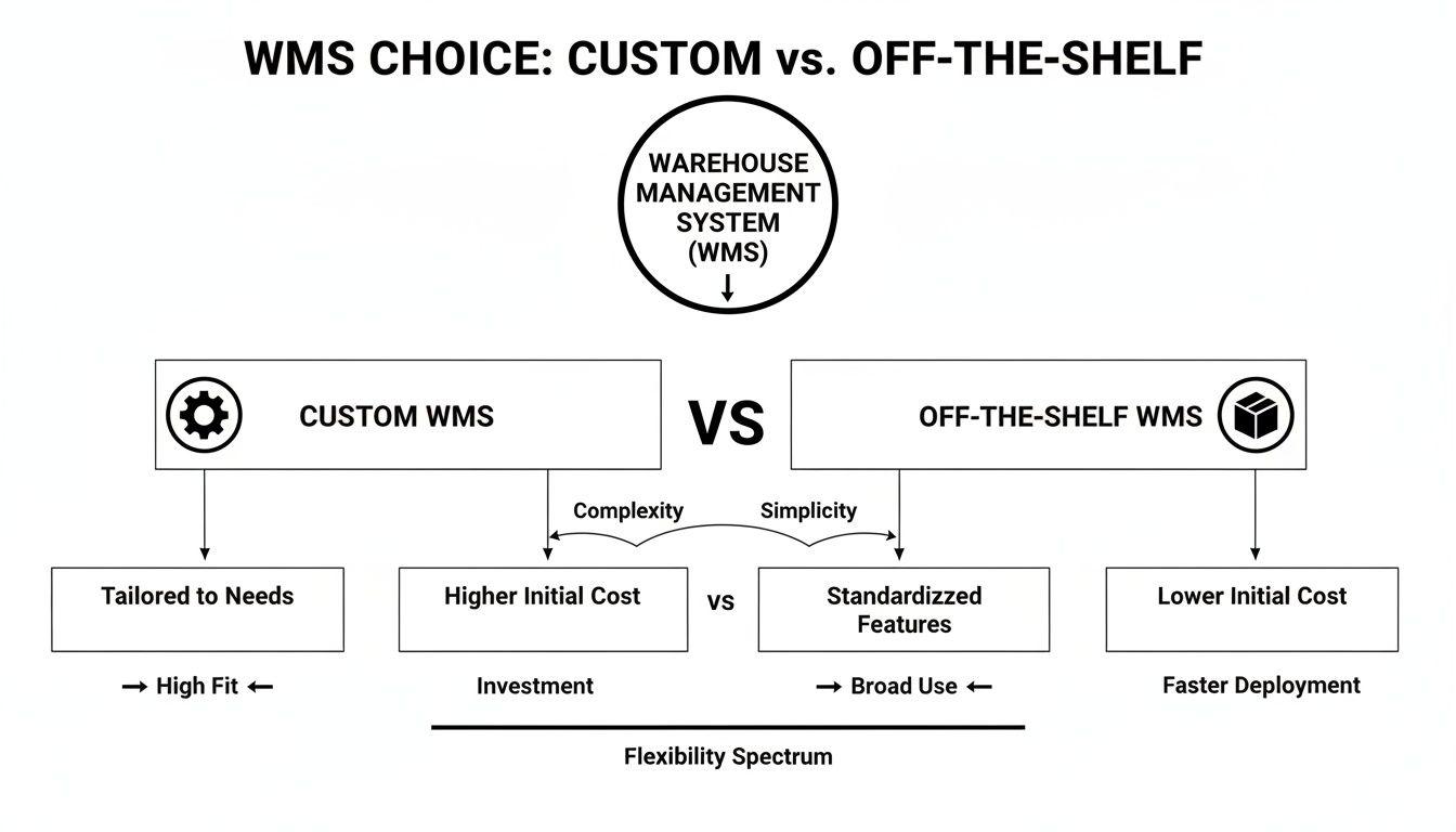 Un diagramma che illustra la scelta tra sistemi di gestione del magazzino personalizzati e off-the-shelf, dettagliando pro e contro.