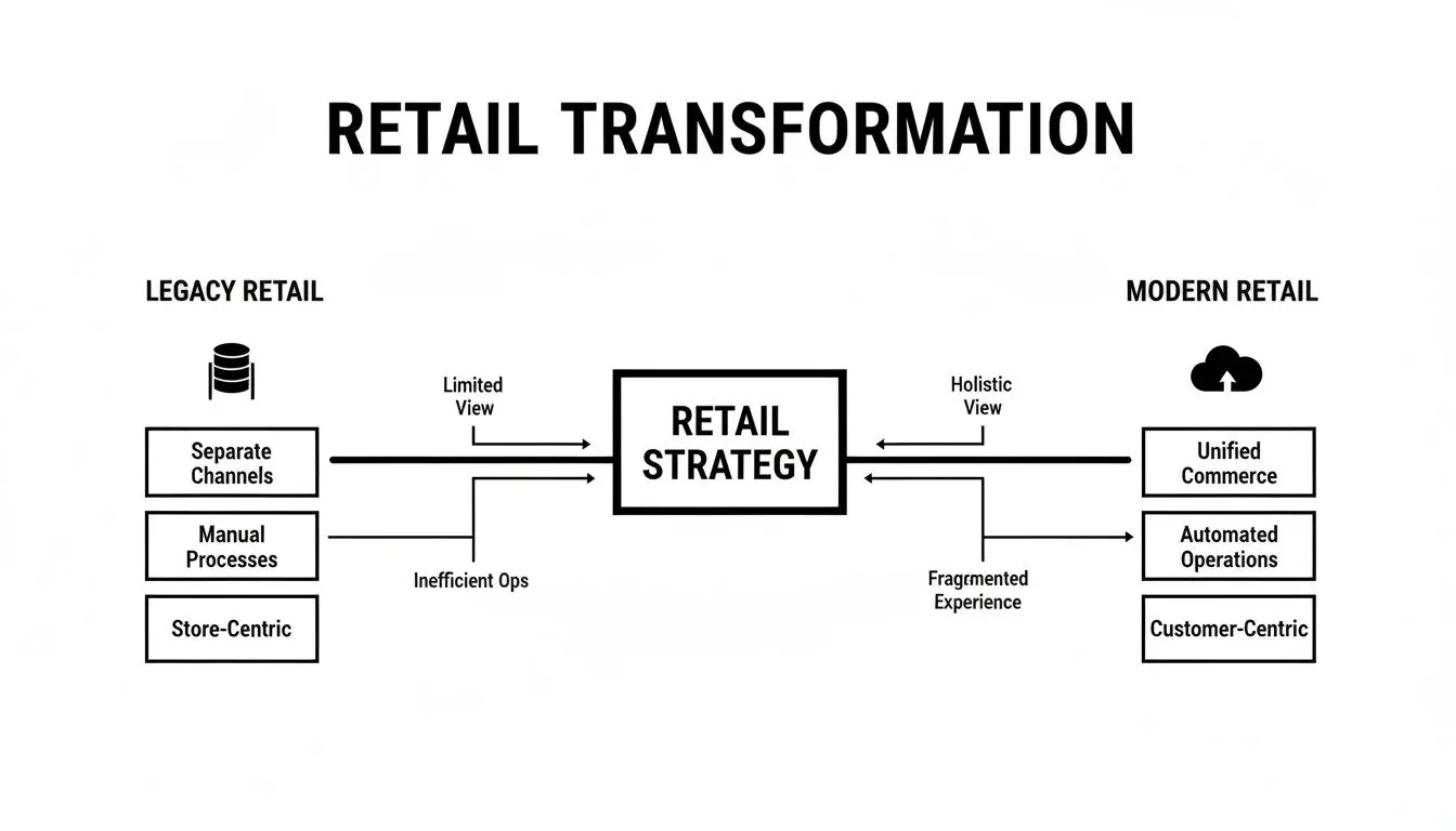 Diagramma che illustra la trasformazione del retail da legacy a moderno, guidata da una strategia retail.