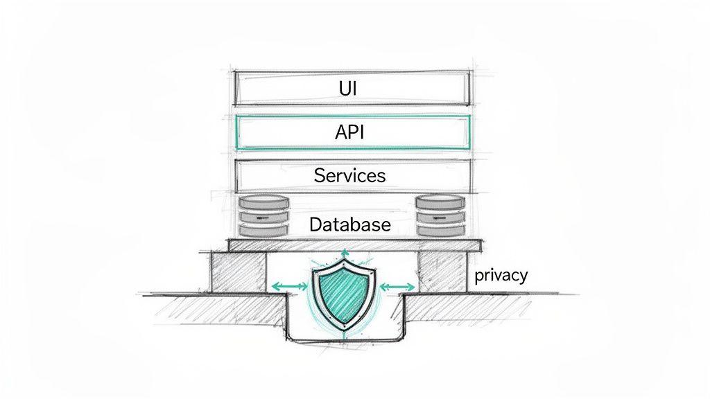 Diagram of a layered software architecture: UI, API, Services, Database, with a privacy shield foundation.
