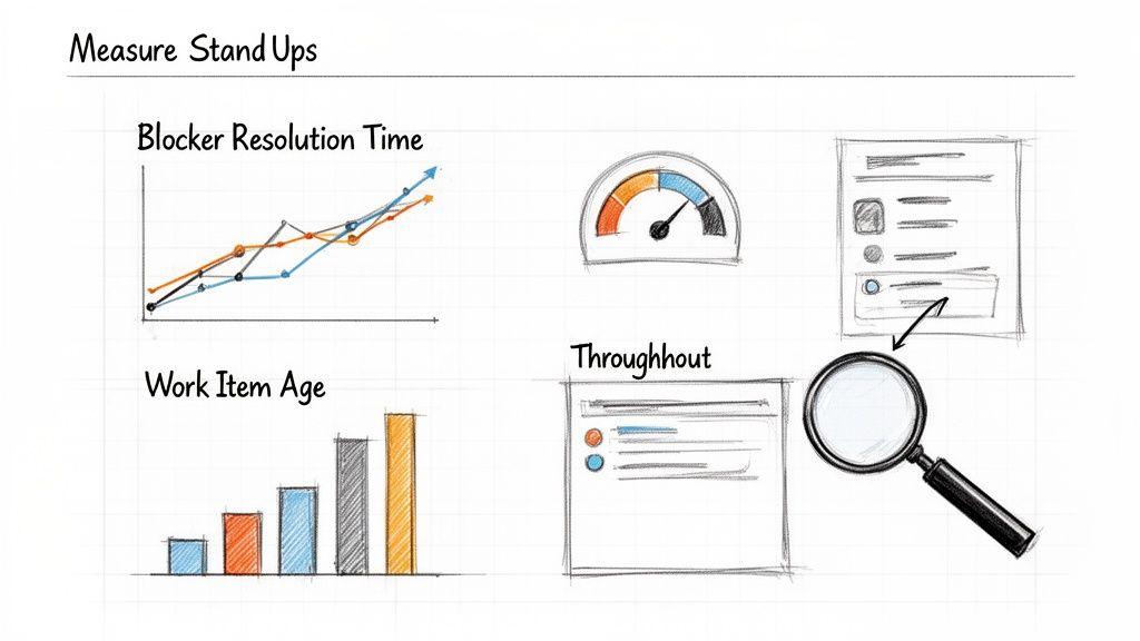 Hand-drawn diagrams illustrating key metrics for measuring daily stand-up meeting effectiveness.