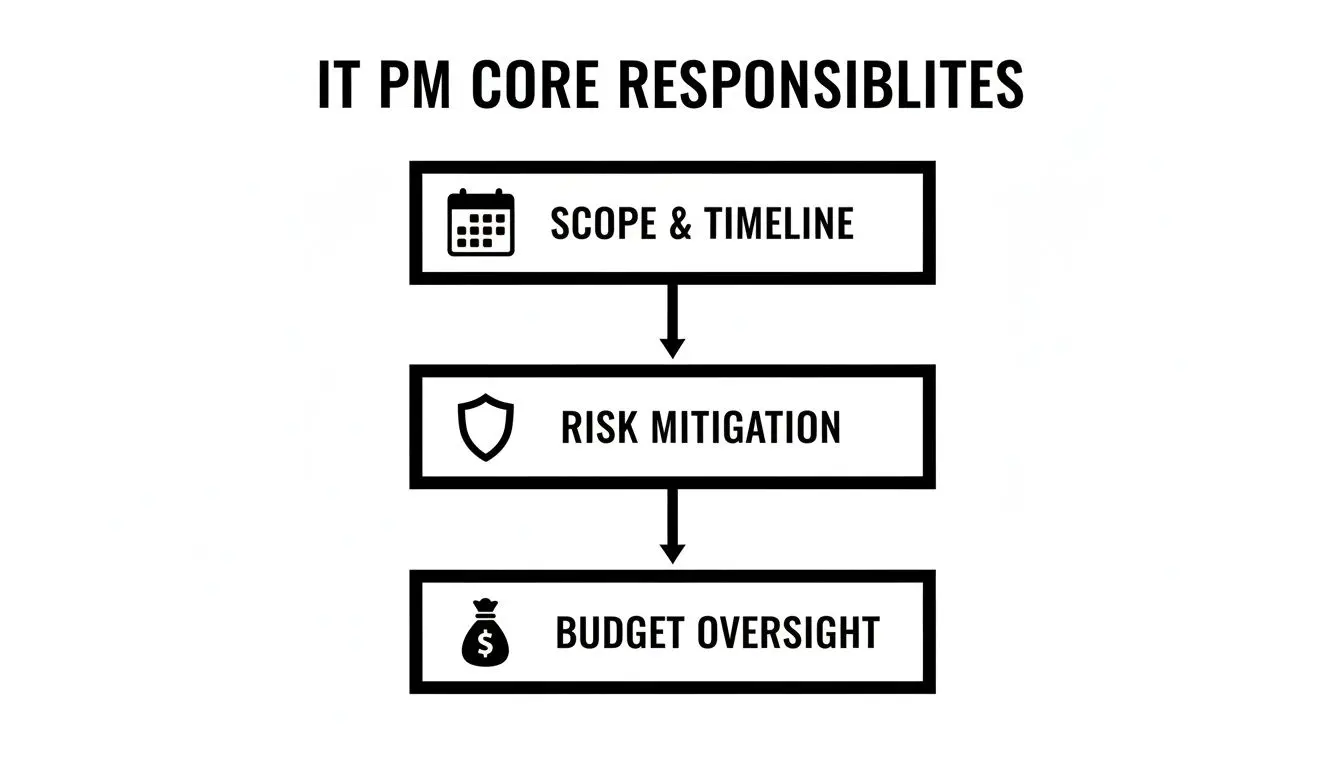 Un diagramma di flusso mostra le responsabilità principali di un IT Project Manager: scope, tempistiche, mitigazione del rischio e supervisione del budget.
