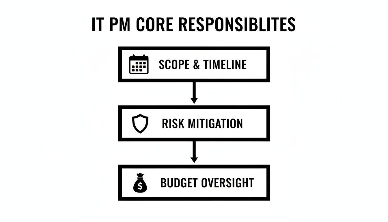 A flowchart displays an IT Project Manager's core responsibilities: scope, timeline, risk mitigation, and budget oversight.