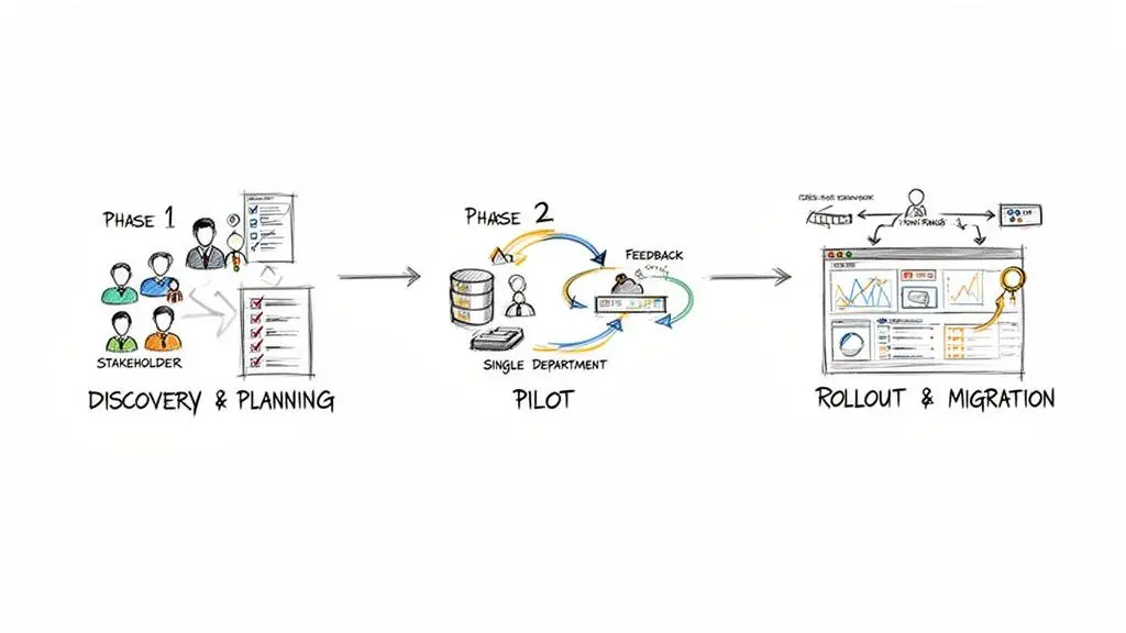 Diagram illustrating a three-phase system implementation process: discovery, pilot, and rollout stages.
