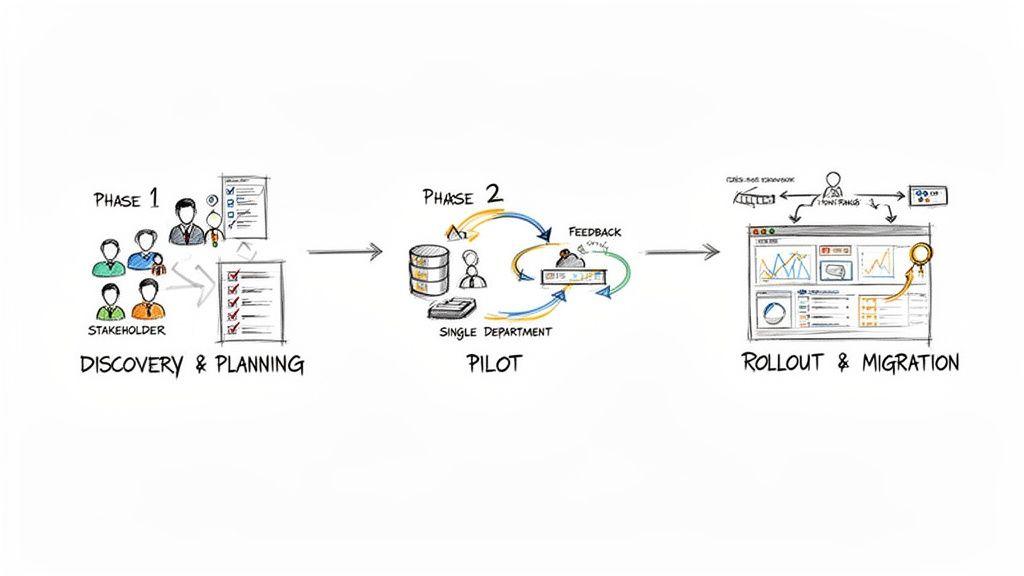 Diagramma che illustra un processo di implementazione del sistema in tre fasi: fasi di scoperta, pilot e rollout.