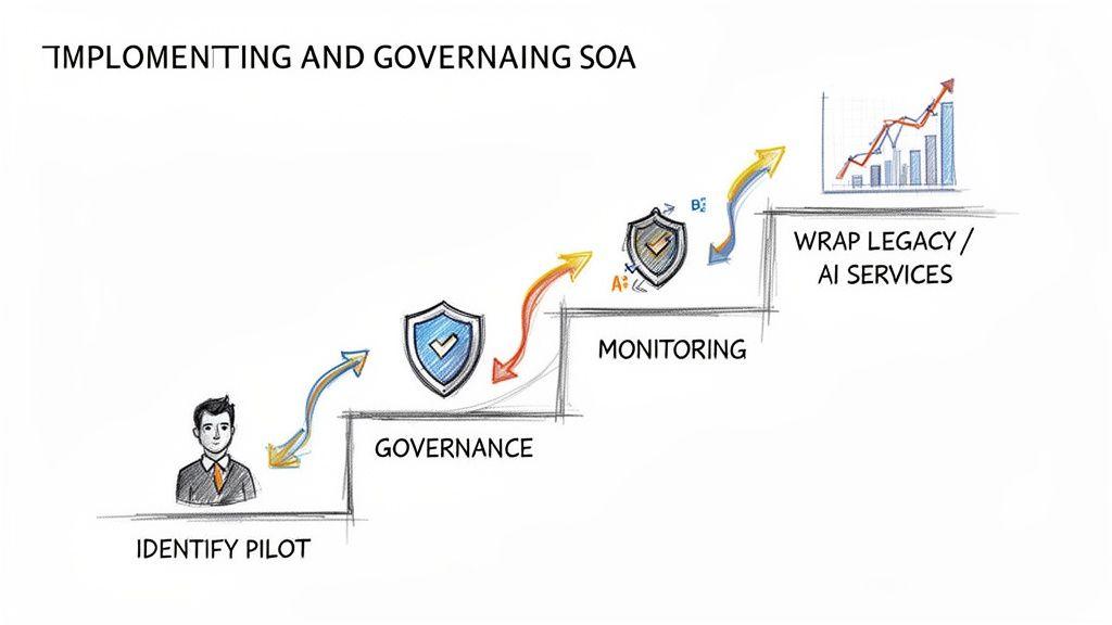 Infografica che mostra i passaggi per implementare e governare la SOA, inclusi pilot, governance, monitoraggio e servizi.