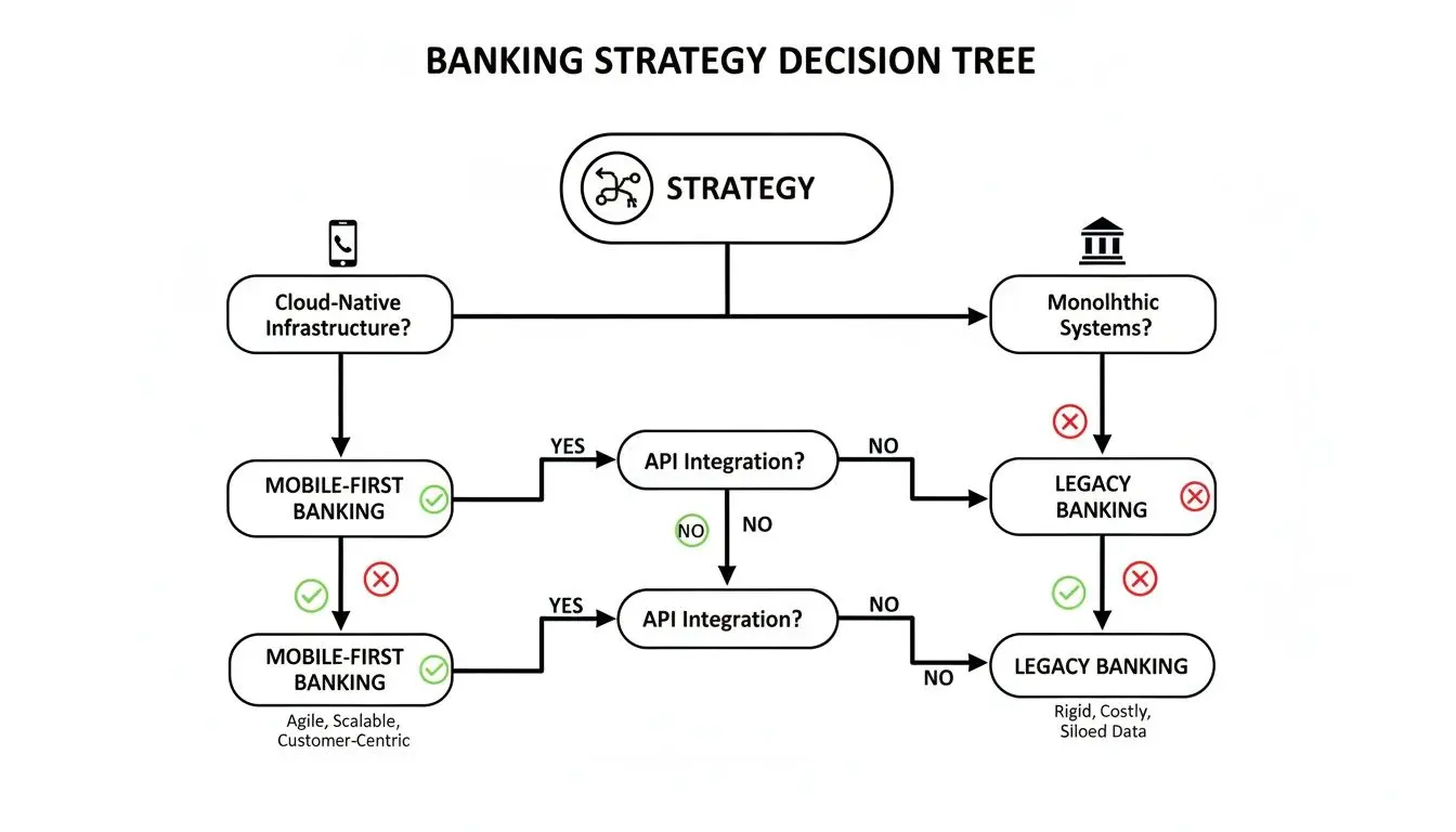 Albero decisionale della strategia bancaria che illustra le scelte tra sistemi cloud-native e monolitici, e l’impatto dell’integrazione API.