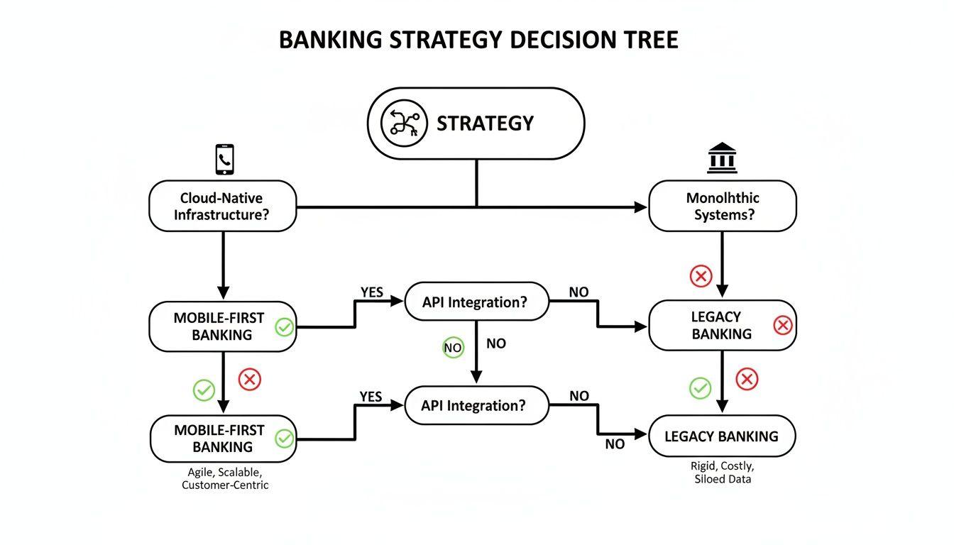 Banking strategy decision tree illustrating choices between cloud-native and monolithic systems, and API integration impact.