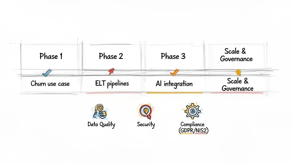Timeline delle fasi del progetto dati: Churn, ELT, integrazione IA e Scale & Governance, con Data Quality, Security, Compliance.