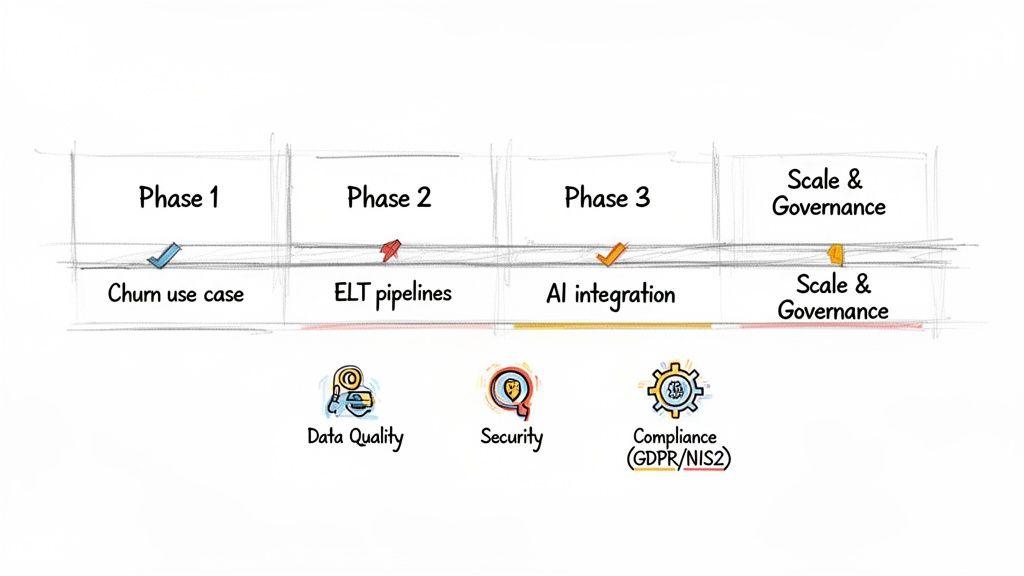 Timeline of data project phases: Churn, ELT, AI integration, and Scale & Governance, with Data Quality, Security, Compliance.
