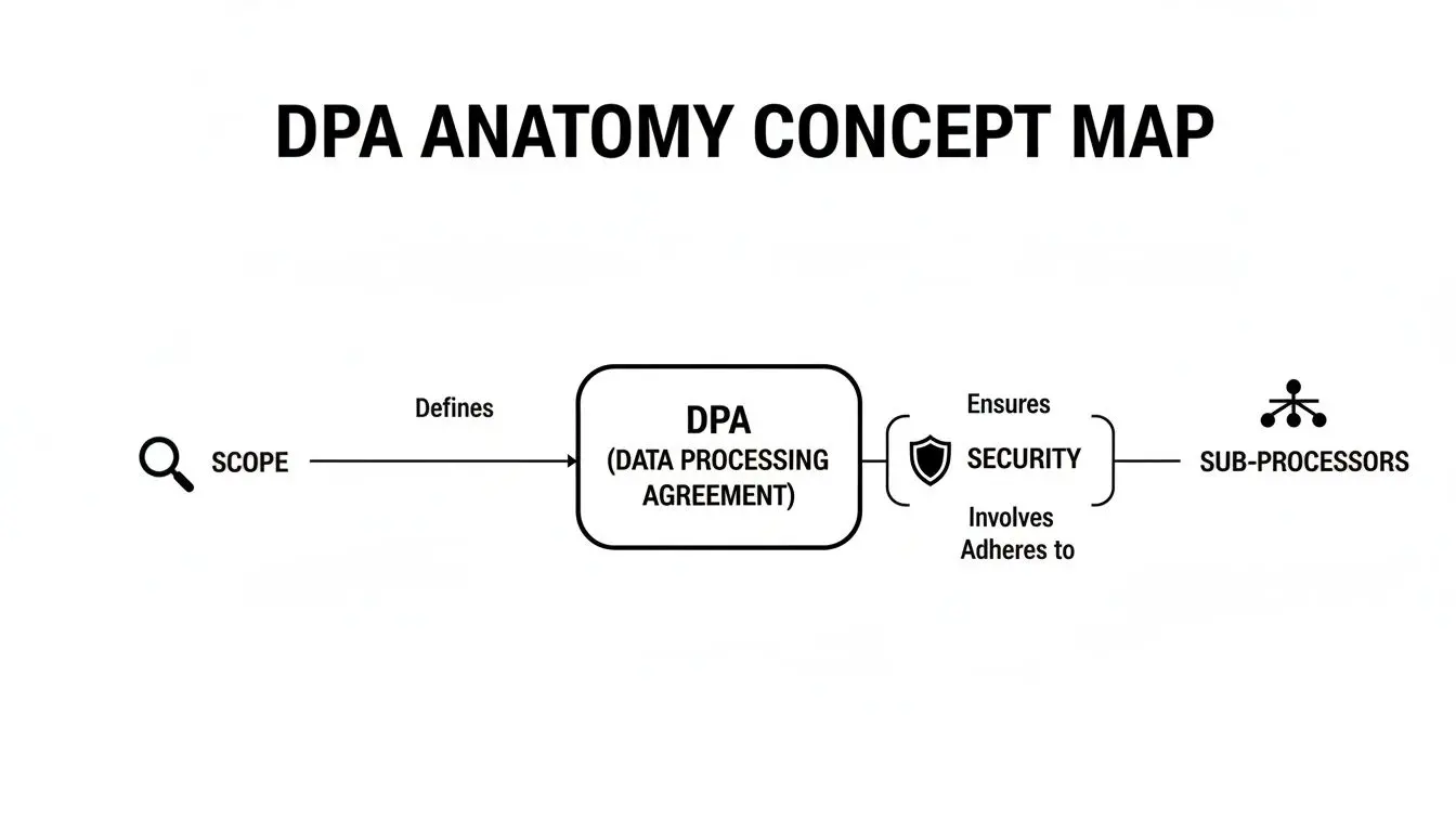 Mappa concettuale che illustra l'ambito, la sicurezza e le relazioni con i sub-responsabili di un Accordo sul Trattamento dei Dati (DPA).