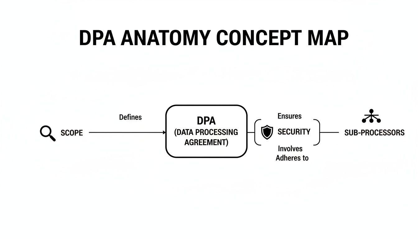 Concept map detailing a Data Processing Agreement's (DPA) scope, security, and sub-processors relationships.