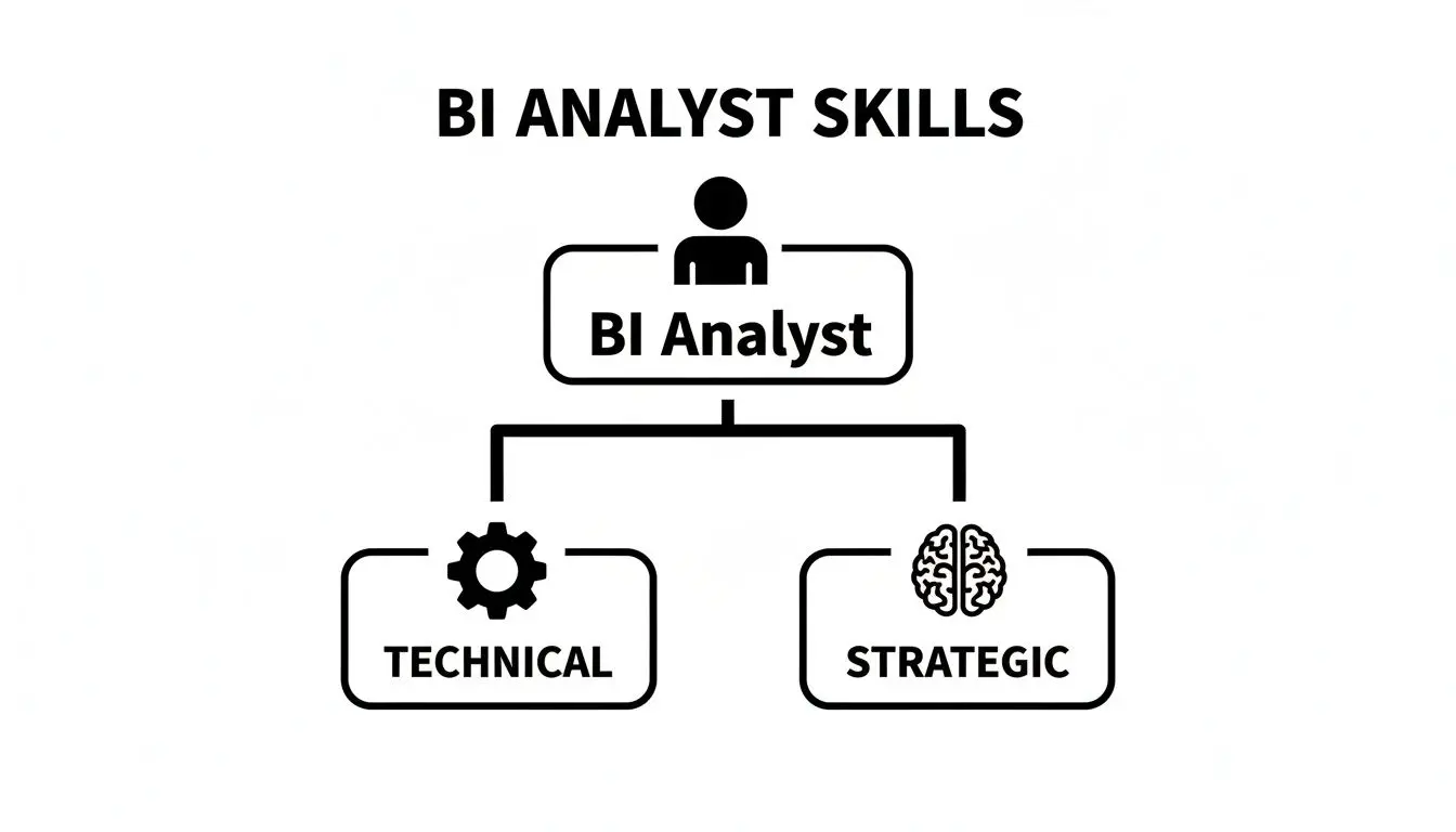 Un diagramma che illustra le competenze tecniche e strategiche fondamentali richieste a un Analista BI.